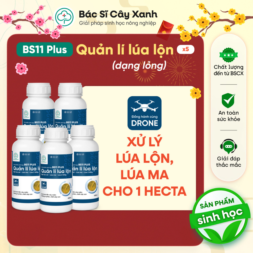 Combo 5 Chai Quản Lý Lúa Lộn BS11 Plus 450ml - Diệt Lúa Cỏ Lúa 2 Tầng cho 1 hecta - Bác Sĩ Xây Xanh