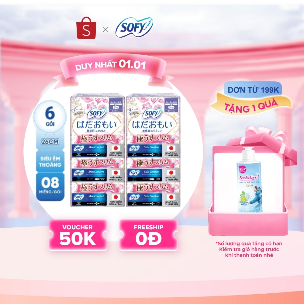  Bộ 6 Băng vệ sinh Sofy Skin Comfort Ultra Thin 26cm có cánh 8M 