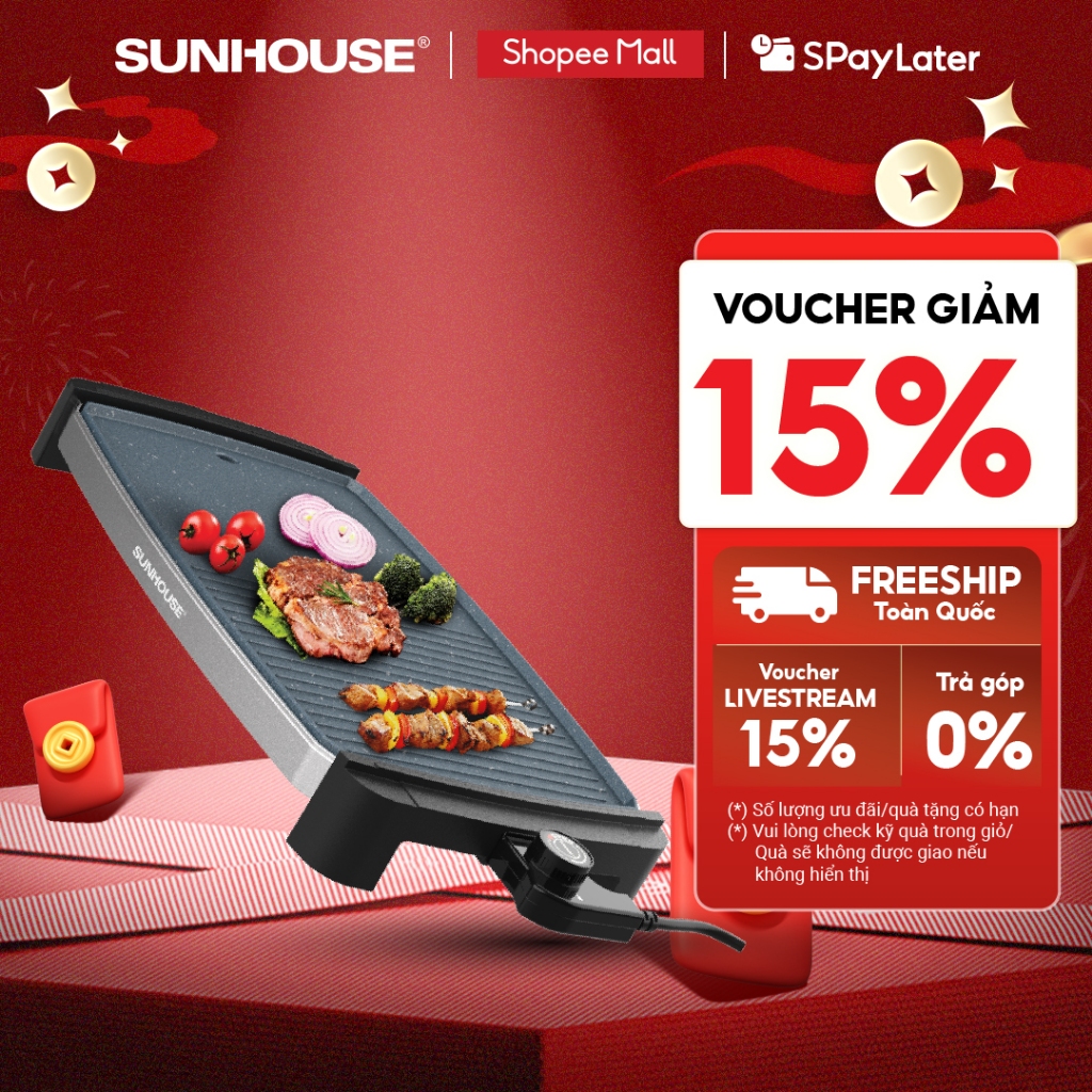 Bếp nướng điện Sunhouse SHD4612 - Chống dính cao cấp - Diện tích mặt bếp lớn - Tự ngắt khi quá nhiệt