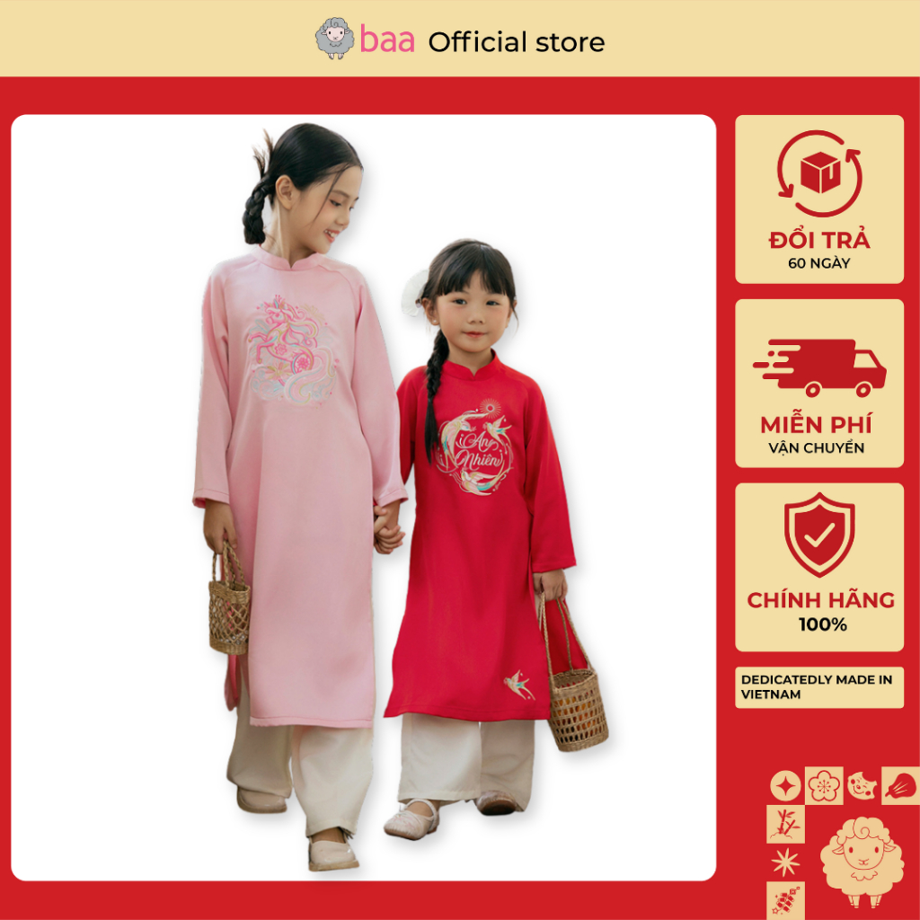 Áo dài Tết cho bé gái, bộ áo dài cao cấp thêu họa tiết cho ( 1 - 10 tuổi ) Baa Baby SE04N