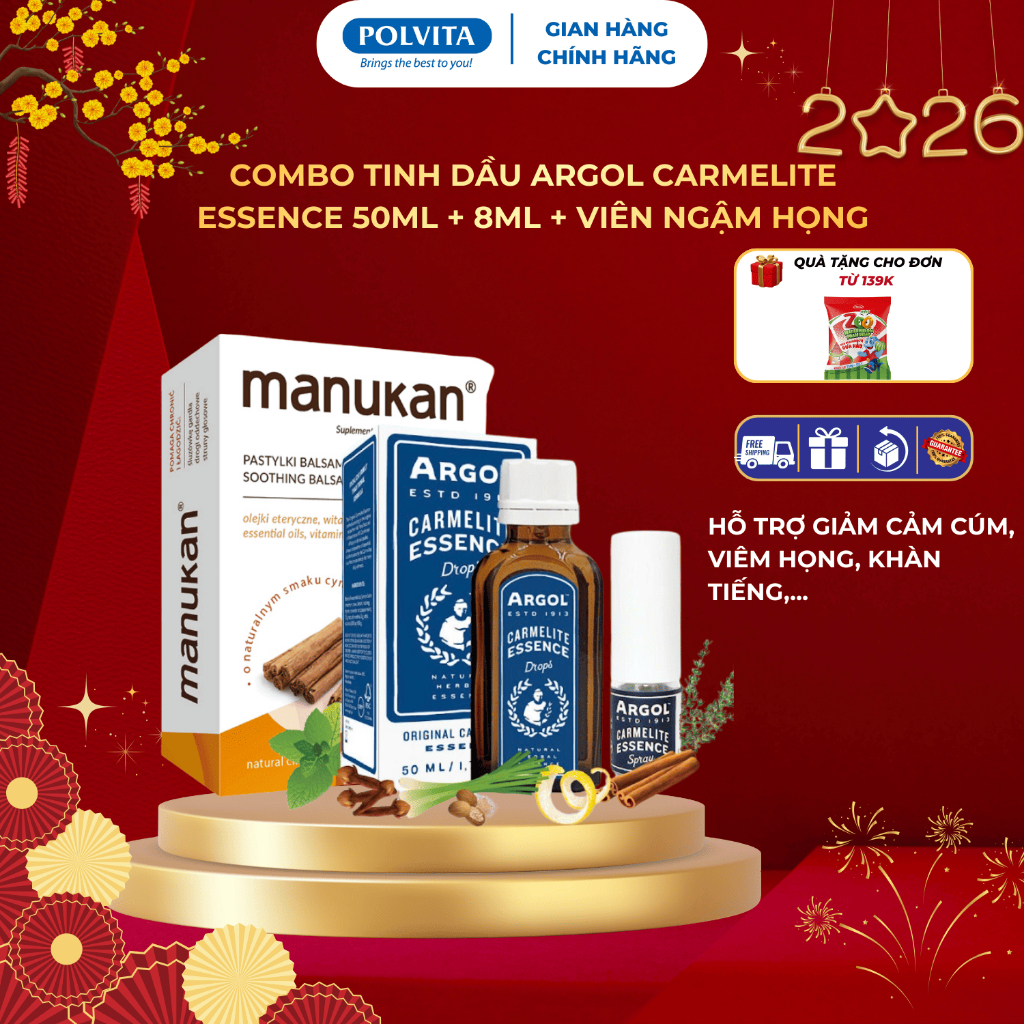 [Combo Tiết Kiệm] Tinh Dầu dược liệu Argol Carmelite Essence 50ml + 8ml + Manukan – Hỗ Trợ Giảm Nghẹ