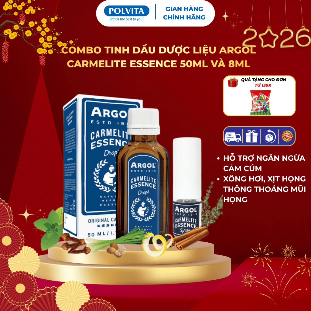 Combo Tinh Dầu dược liệu Argol Carmelite Essence 50ml + 8ml – Tinh Dầu Xông Mũi Họng, Hỗ Trợ Giảm Cả