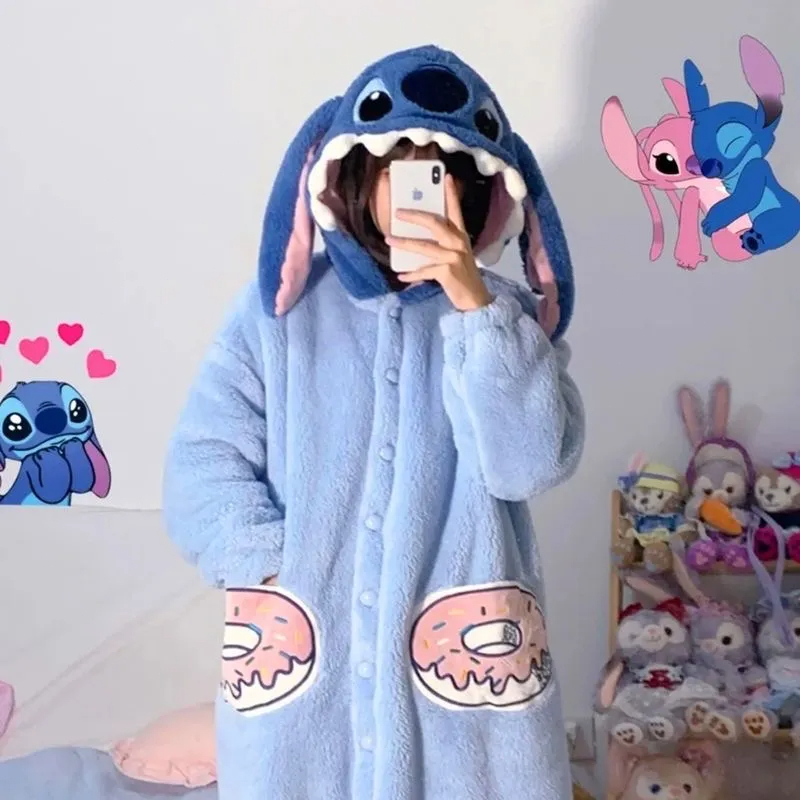 COD 🔥  Stich Pajama Mascot Set Dài tay Dễ thương Cartoon Pattern Ấm Coral Velvet Pajama Stich Bộ đồ 
