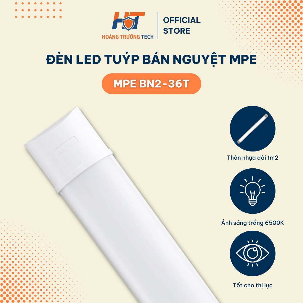Đèn LED Tuýp Bán Nguyệt Thân Nhựa Dài 1m2 36W MPE BN2-36T Ánh Sáng Trắng 6500K Tốt Cho Thị Lực