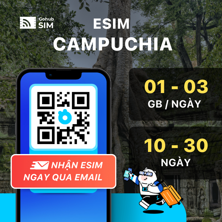 eSIM du lịch Campuchia 4G - Gói dài ngày (10 - 30 ngày) - Gohub gửi eSIM qua email