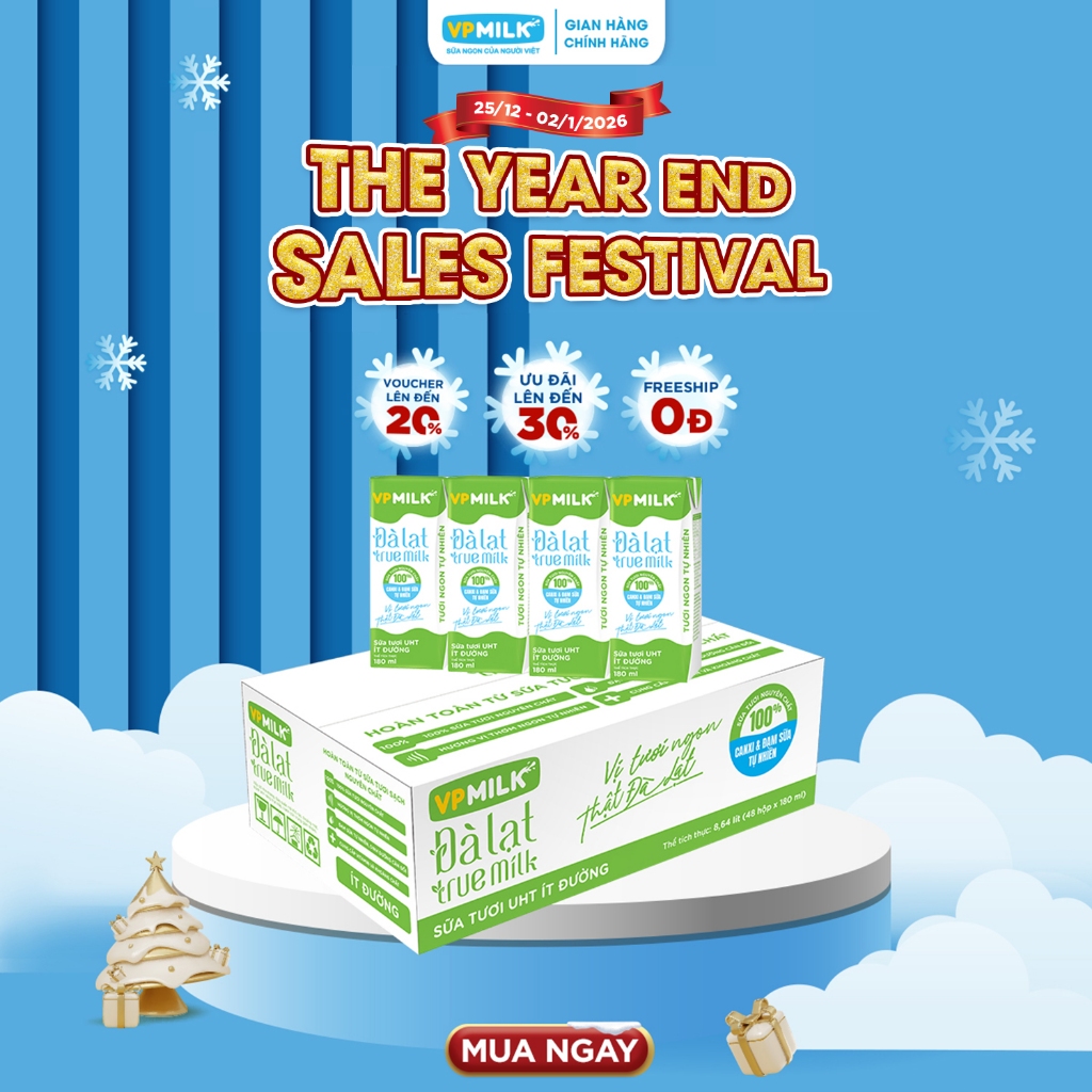  Sữa tươi UHT Đà Lạt True Milk VPMilk ít đường 180ml  thùng 48 hộp  