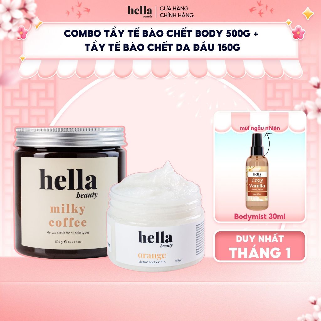 Combo tẩy tế bào chết body Hella Beauty 500g + Tẩy tế bào chết da đầu tinh chất quả cam Hella Beauty
