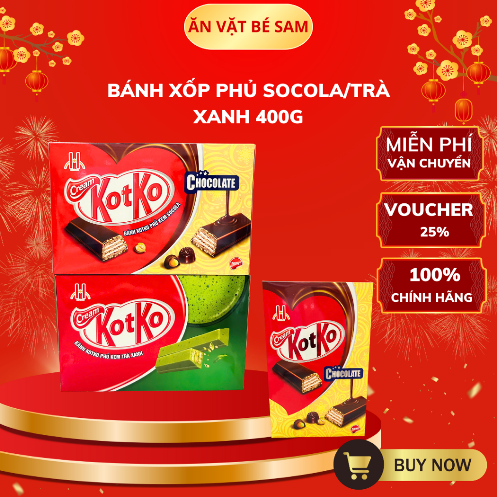 Bánh Xốp Phủ Socola/Trà Xanh Kotko Foods Hộp 400g (24 cái) / Đồ ăn Vặt, Bánh Kem Xốp