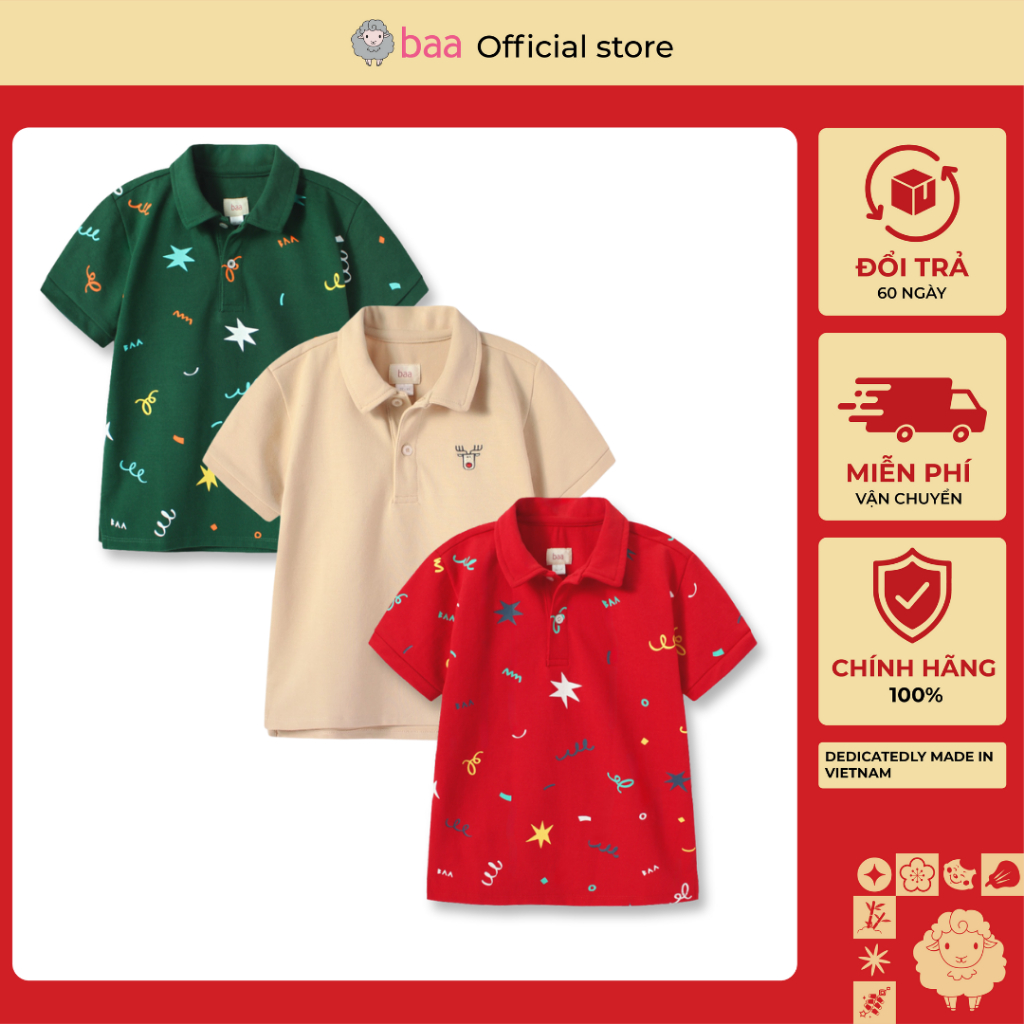 [Mới - Tết 2026] Áo polo bé trai thun cá sấu in họa tiết mềm mại ( 1 - 10 tuổi ) Baa Baby PL01N