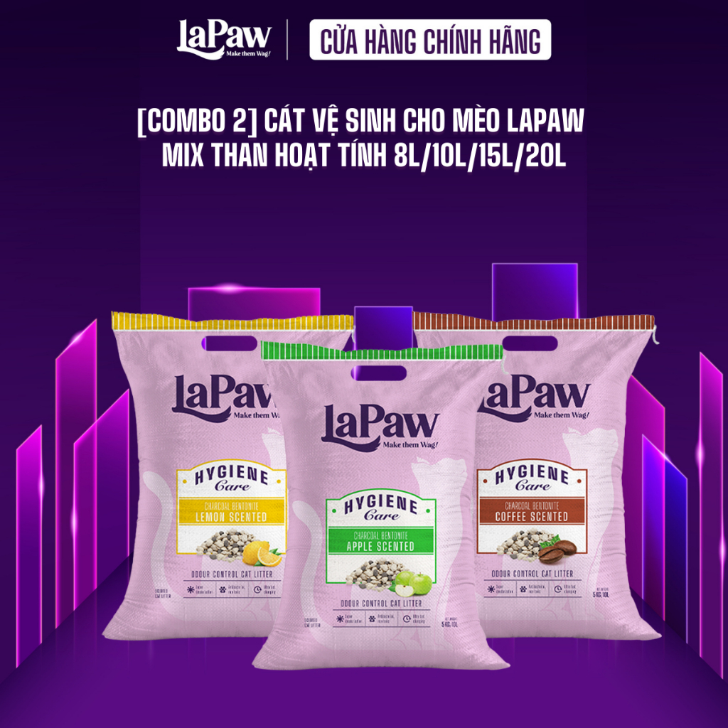   COMBO 2 bao laPaw Cát vệ sinh cho mèo than hoạt tính cao cấp siêu vón cục,siêu khử mùi,thơm lâu,ít bụi 8L 10L 15L 20L 