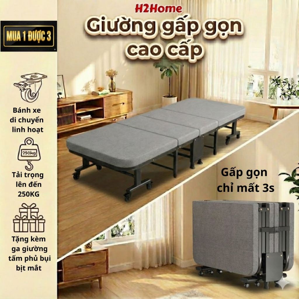 Giường gấp văn phòng, giường xếp cao cấp gấp gọn 4 khúc H2Home khung hợp kim sơn tĩnh điện siêu bền 