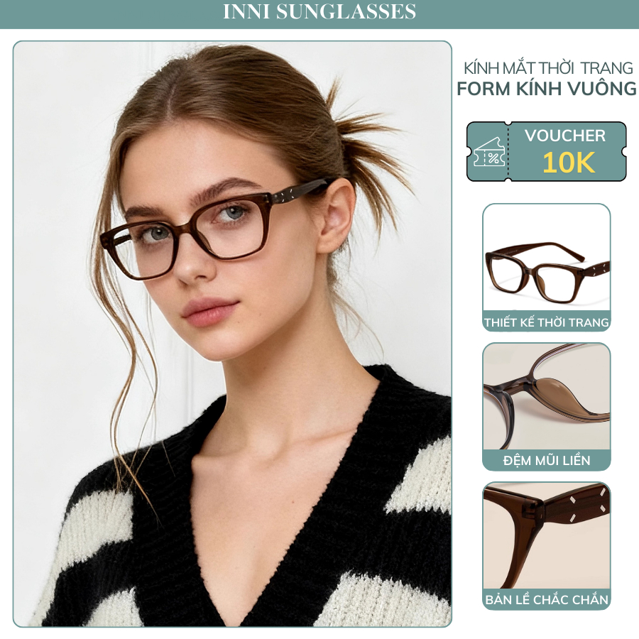 Kính Mắt Gọng Vuông Nữ INNI Gọng Kính Vân Gỗ Thời Trang, Kính Chống Ánh Sáng Xanh Thời Trang - Mã 23
