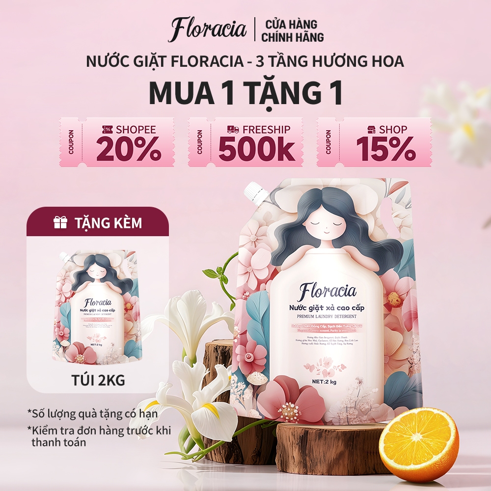 [MUA 1 TẶNG 1] Nước giặt xả Floracia hương hoa 3 tầng túi 2KG, không huỳnh quang sạch sâu an toàn dị