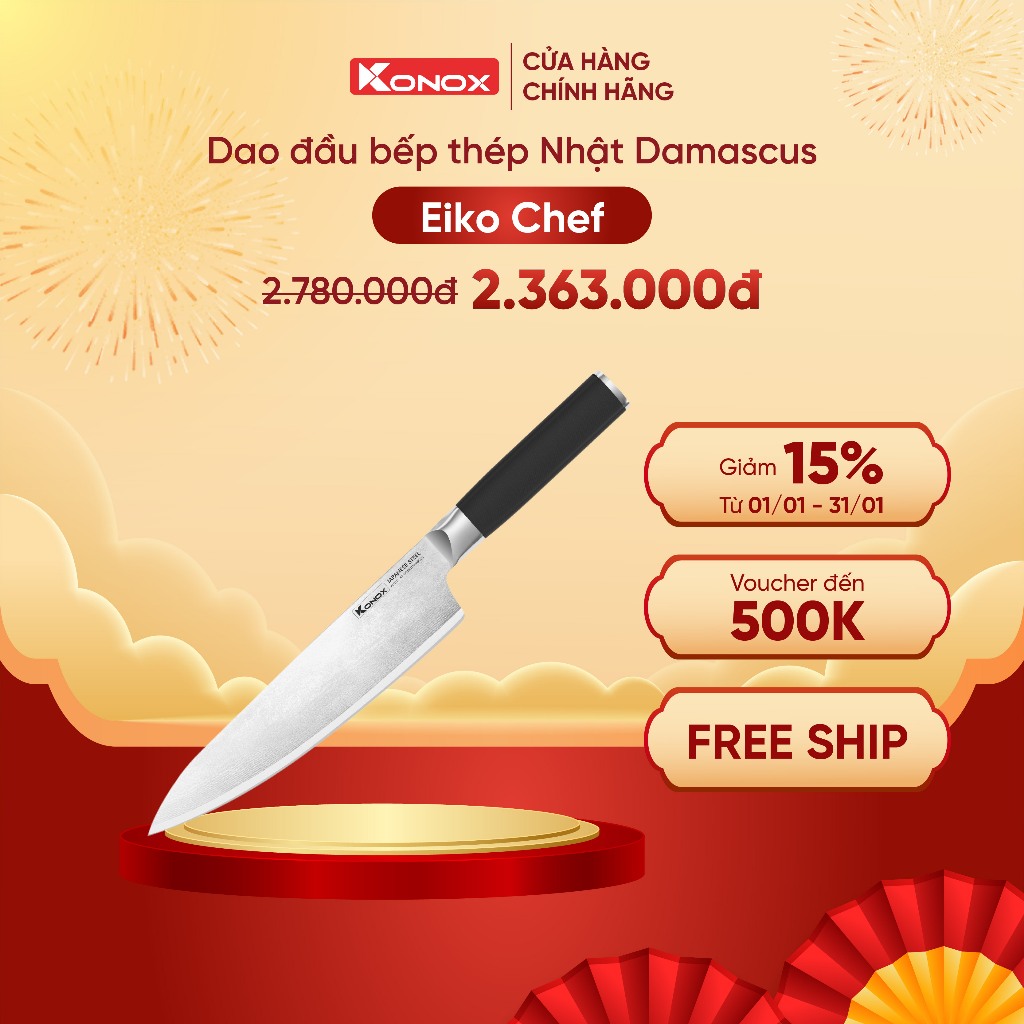 Dao đầu bếp thép Nhật Damascus 67 lớp Konox Eiko Series 8″ Chef Knife
