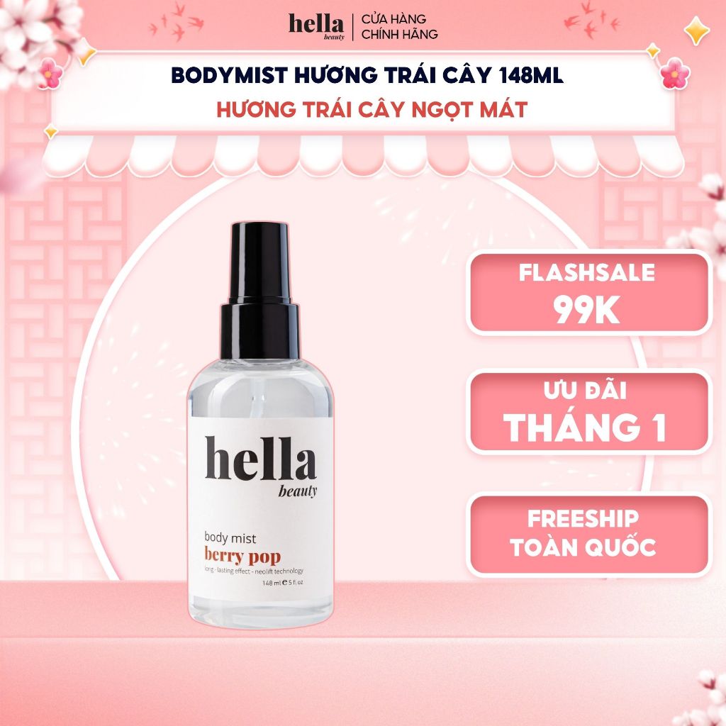 Xịt thơm body mist nước hoa hương trái cây Hella Beauty lưu hương lâu, an toàn cho da nhạy cảm