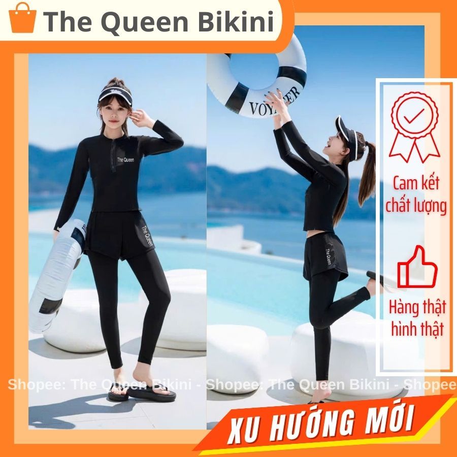 Đồ bơi nữ size S - 3XL kín đáo quần dài 2 lớp áo tay dài có dây kéo Ninja tắm biển màu đen chống nắng vải cao cấp 043