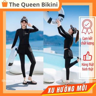 Đồ bơi nữ size S - 3XL kín đáo quần dài 2 lớp áo tay dài có dây kéo Ninja tắm biển màu đen chống nắng vải cao cấp 043