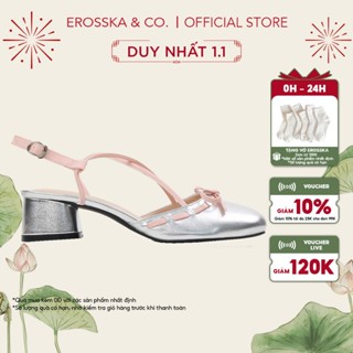  Erosska - Giày cao gót nữ mũi tròn phối nơ kiểu dáng thanh lịch màu bạc phối kem cao 5cm - EL042 
