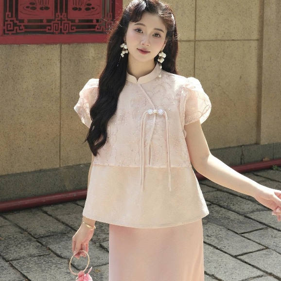 Áo TẾT Giả Set Hồng/Đỏ ODS - HO3 thiết kế cổ tàu, thân trước 1 lớp crop, ra giả cong lệch đính nút