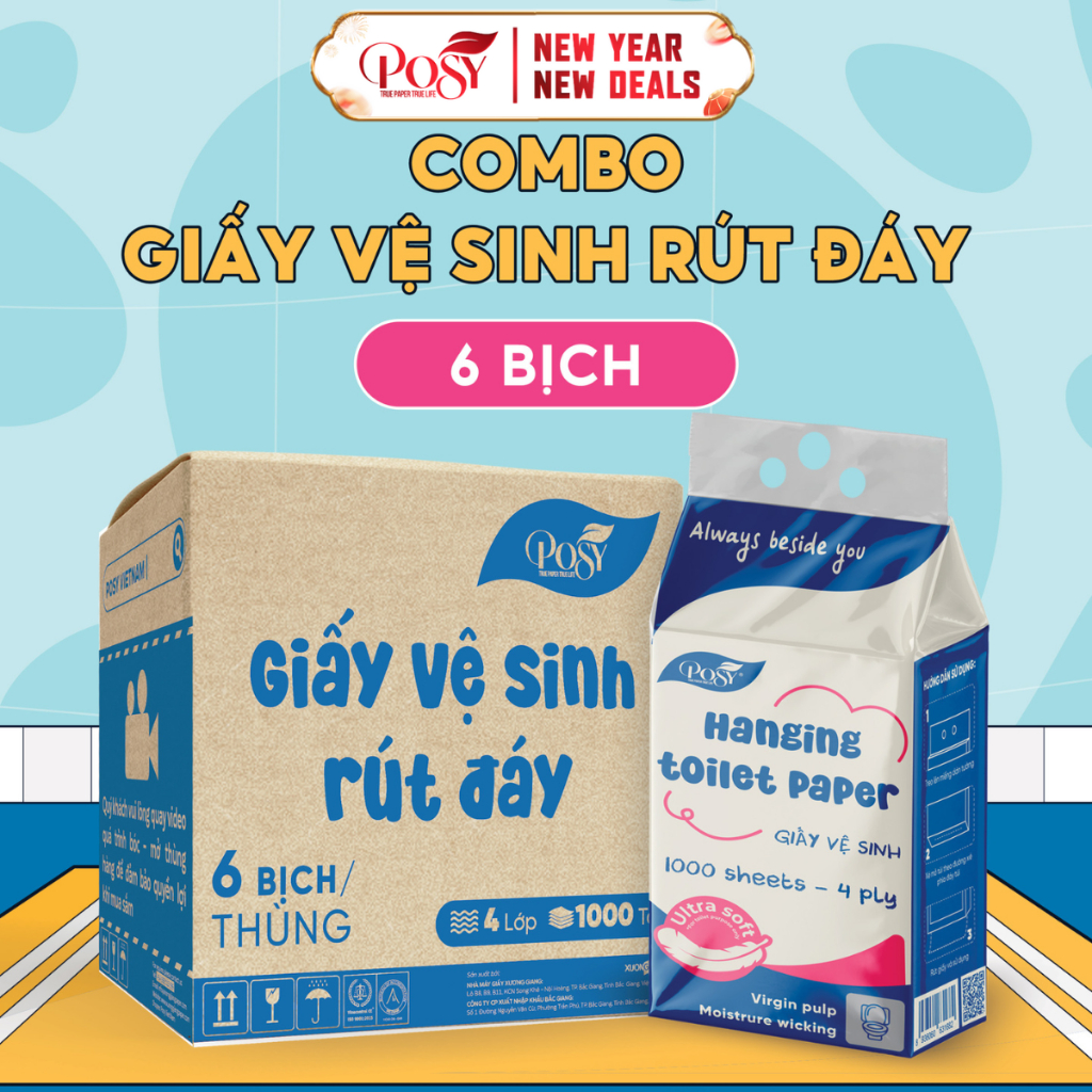 POSY-S4-[DEAL MỞ BÁN]_Thùng 6 bịch giấy vệ sinh rút đáy Posy 1000 tờ 4 lớp mềm dai , thấm hút và an 