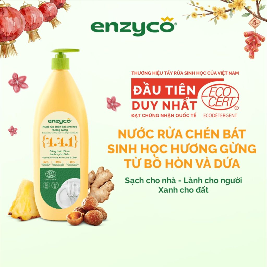  Nước Rửa Chén Bát Sinh Học ENZYCO Từ Bồ Hòn Và Dứa Đạt Chứng Nhận ECODETERGENT-ECOCERT Hương Gừng 870ml Dịu Nhẹ Da Tay 