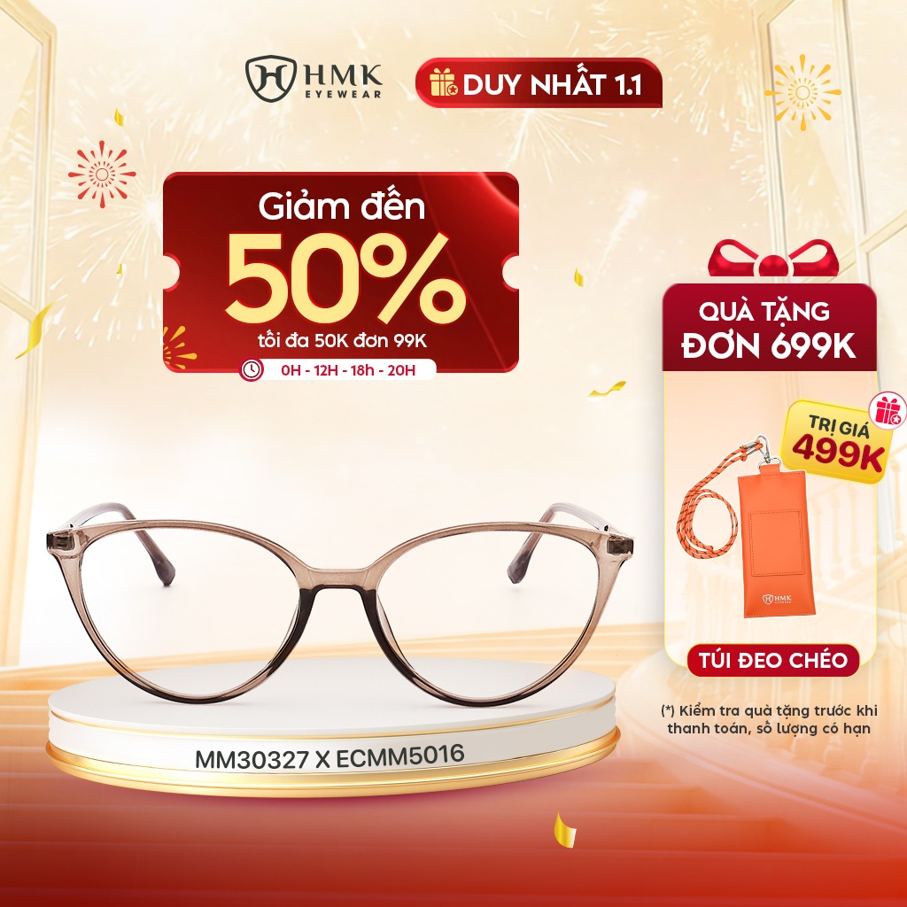  Kính Mắt Mèo HMK Eyewear Nâu Hồng Dáng Tròn Chất Liệu Nhựa Thời Trang Nam Nữ - MM30327 x ECMM5016 