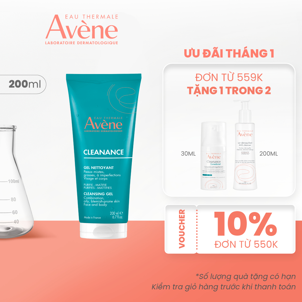 Gel rửa mặt cho da dầu mụn Eau Thermale Avène CLEANANCE Cleansing Gel làm sạch sâu bụi bẩn, bã nhờn 200ML