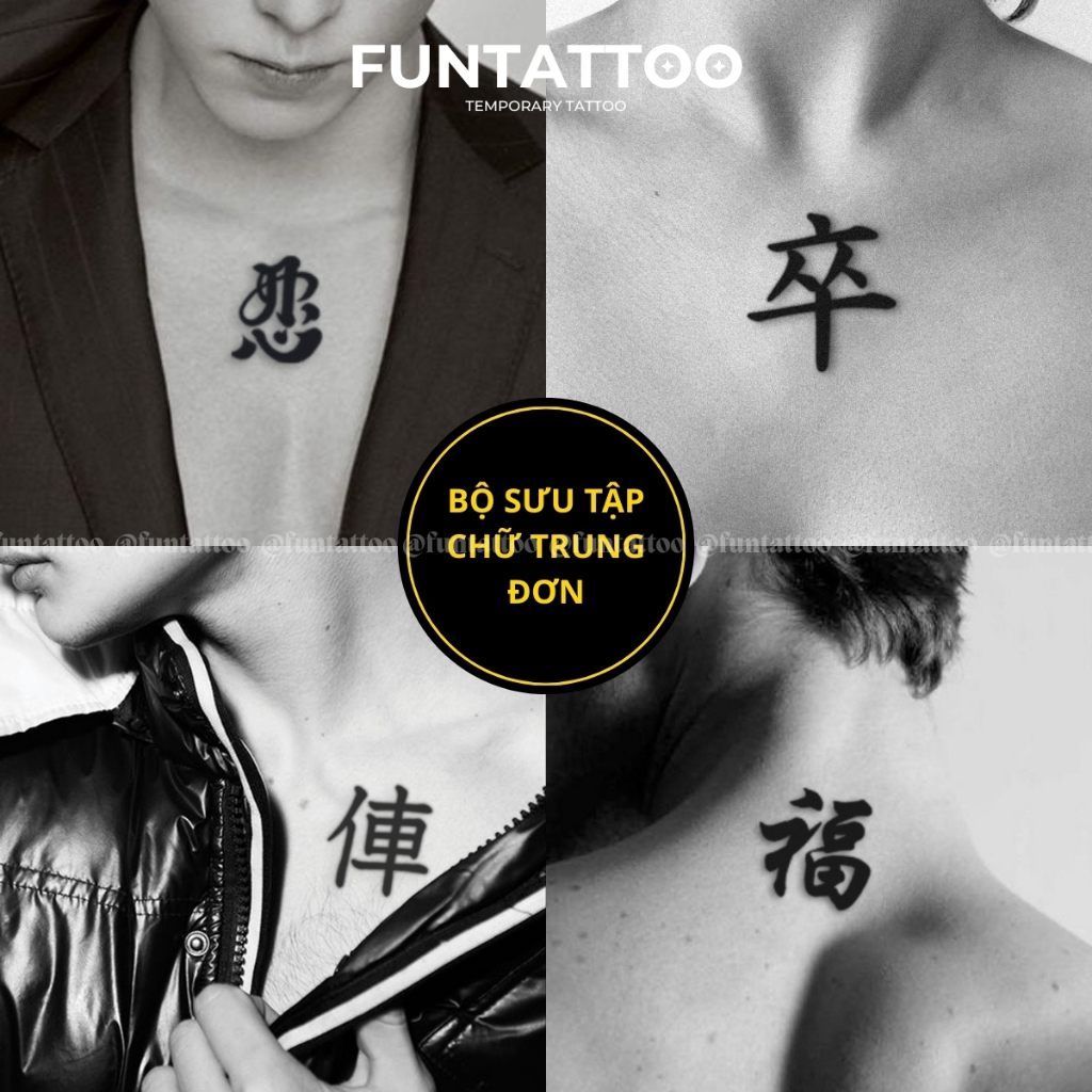 Combo 2 Hình Xăm Tạm Thời Chữ Nhẫn Chữ Trung Funtatoo Chống Nước Chống Cọ Xát Kéo Dài 3-15 Ngày