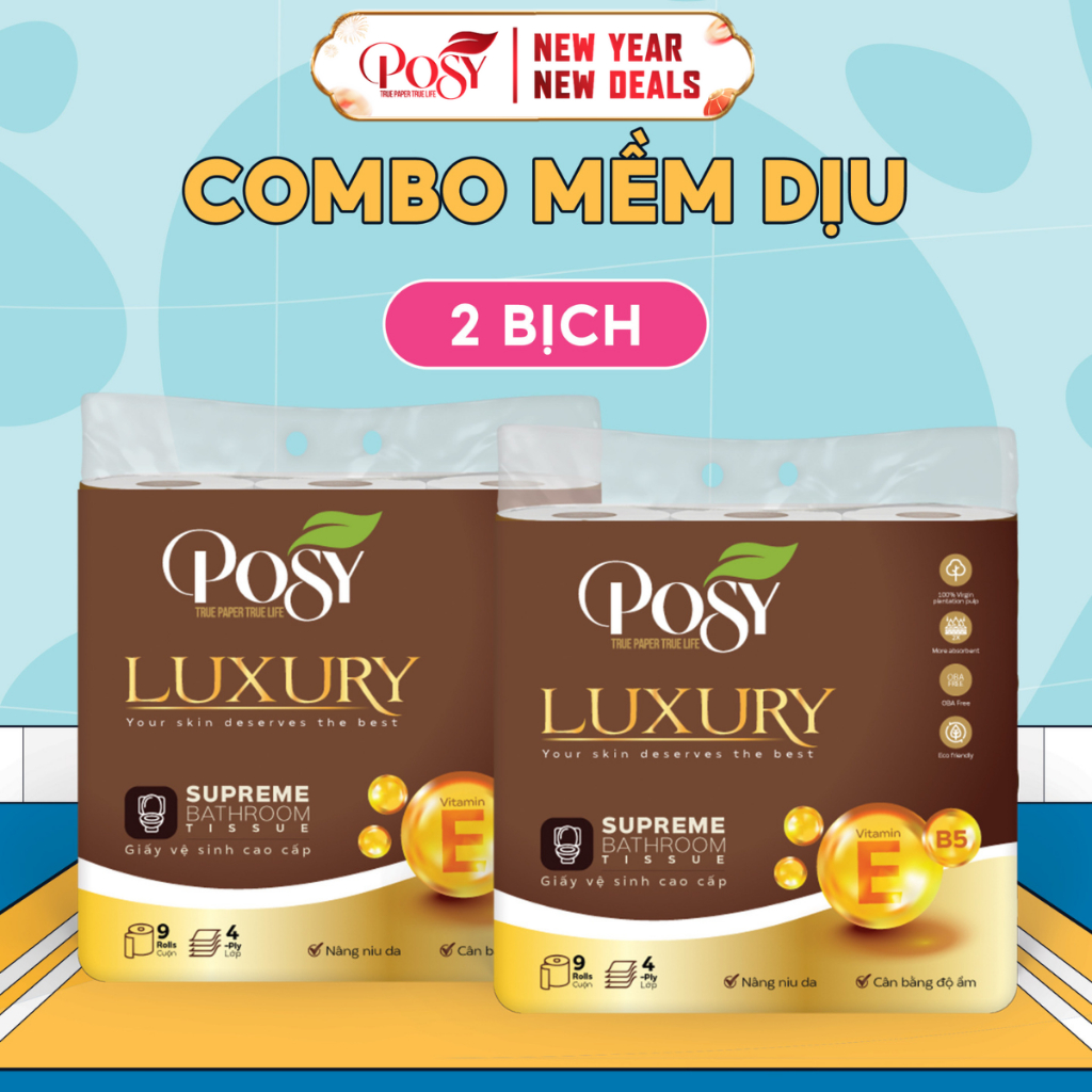 POSY- S4-[COMBO MỀM DỊU] 2 bịch giấy vệ sinh Posy Luxury 9 cuộn 4 lớp CÓ LÕI siêu mềm mịn