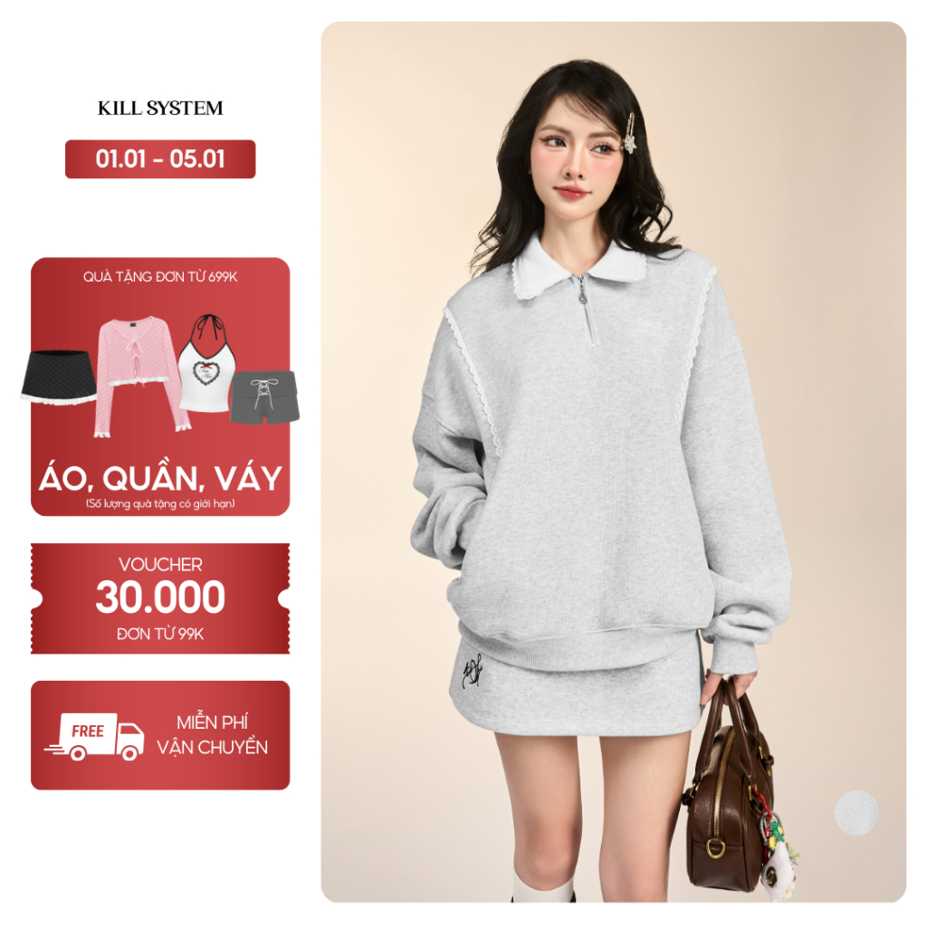  Áo sweater nỉ bông cổ sơ mi Austin phối viền ren - Killsystem 