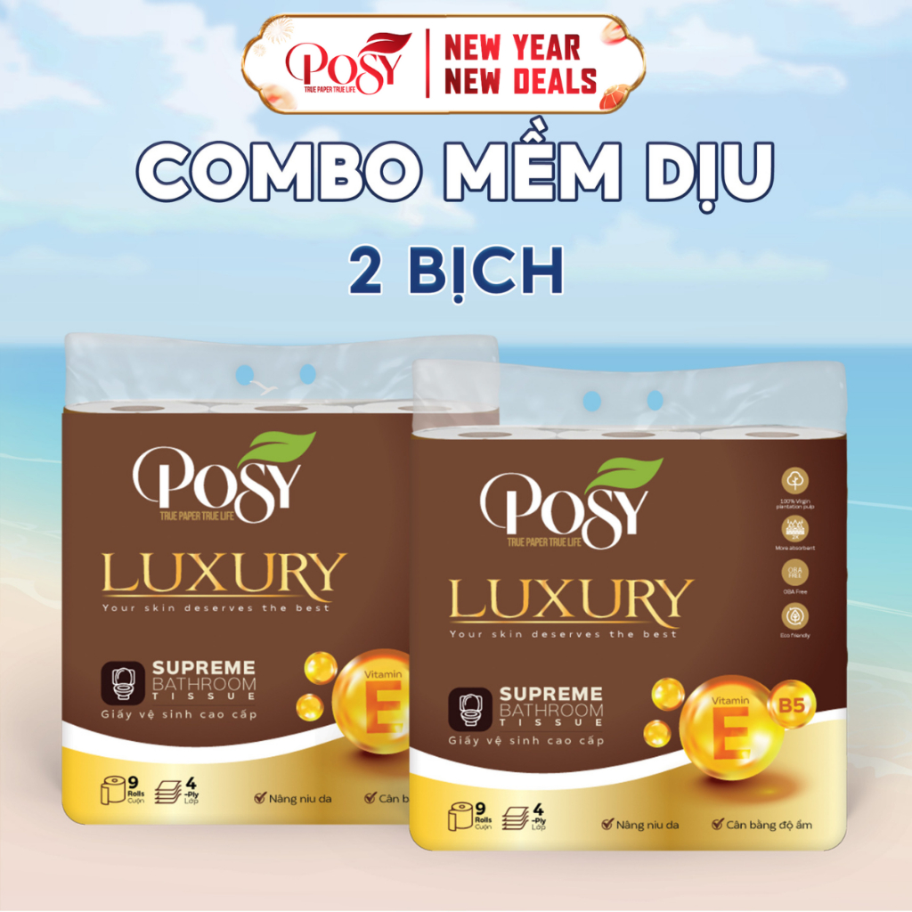 POSY - COMBO MỀM DỊU -  2 bịch giấy vệ sinh có lõi POSY LUXURY 9 cuộn 4 lớp mềm mại êm ái và an toàn