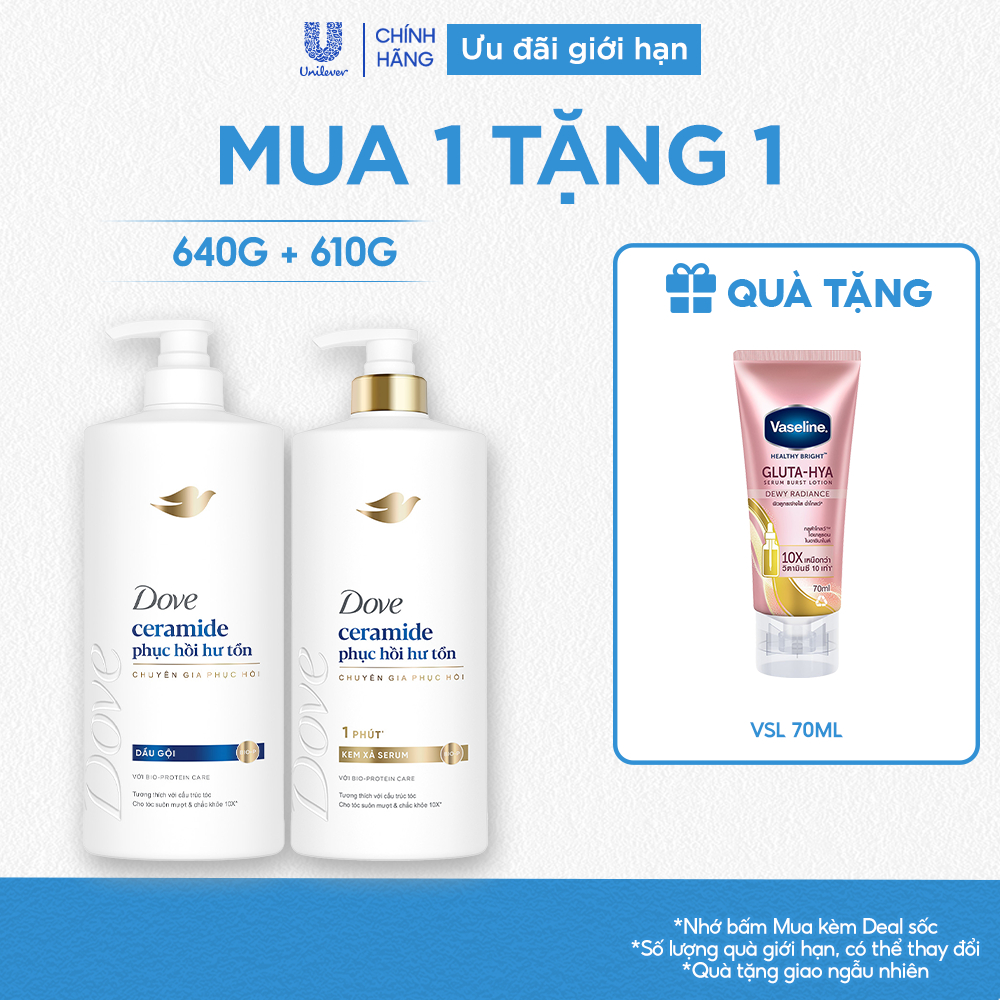 Combo Dầu Gội, Kem Xả Dove Ceramide Phục hồi hư tổn/Biotin Ngăn gãy rụng tóc mới 640g, 610g