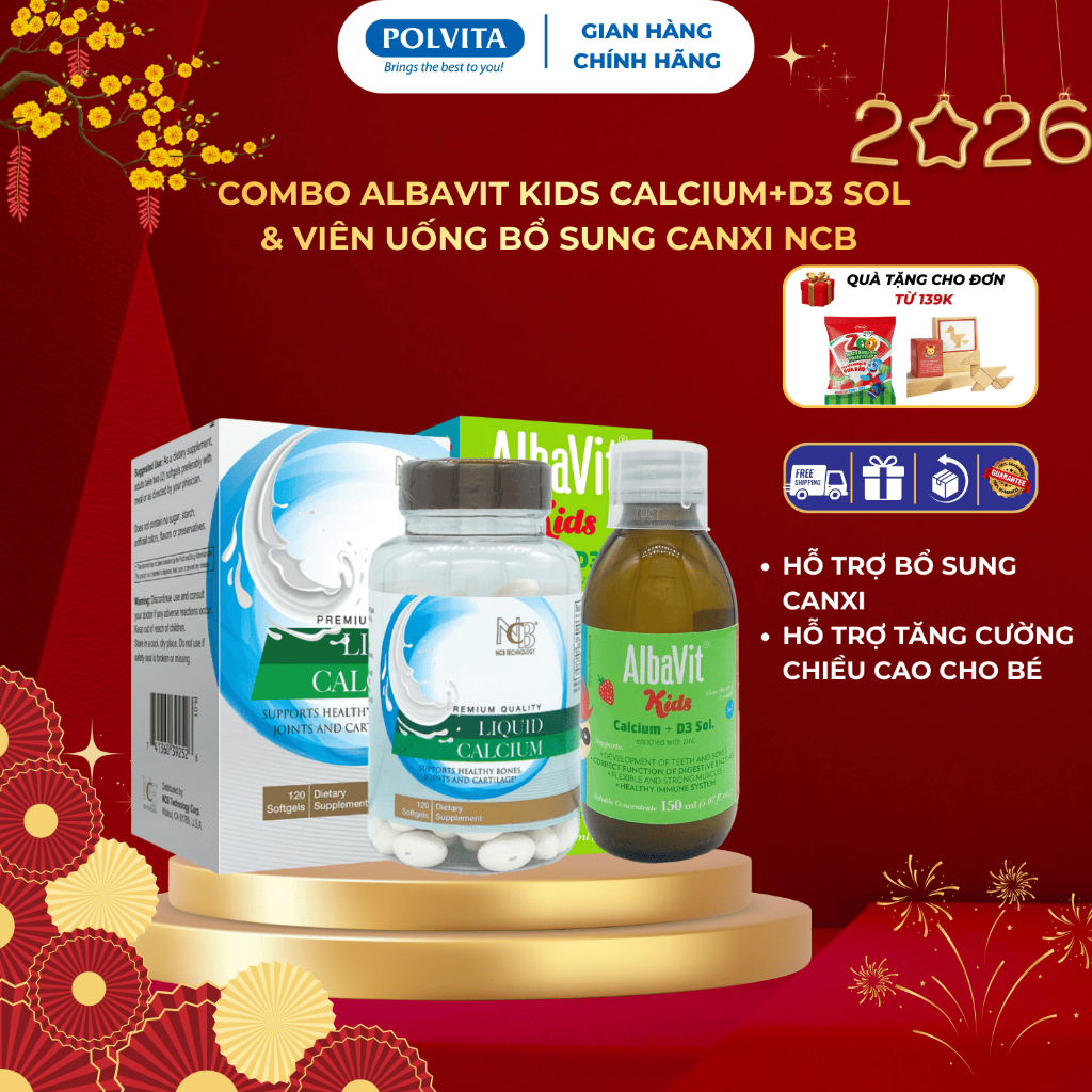[Combo Canxi Mẹ & Bé] Albavit Kids Calcium D3 Sol + Liquid Calcium NCB - Hỗ Trợ Tăng Chiều Cao Cho B