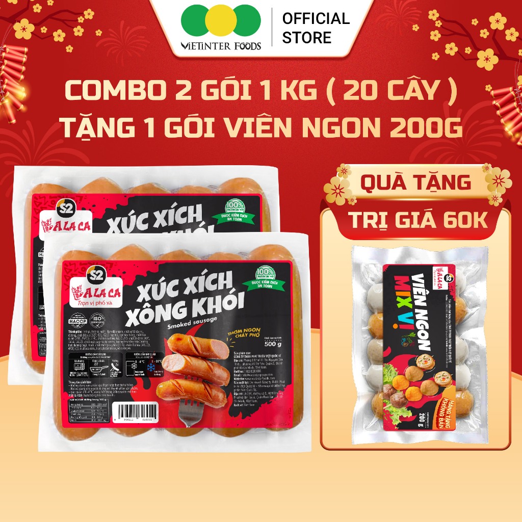 [GIAO TOÀN QUỐC] Combo 2 Gói - 1KG Xúc Xích Xông Khói Alaca Kèm Quà Tặng Vietinter Foods