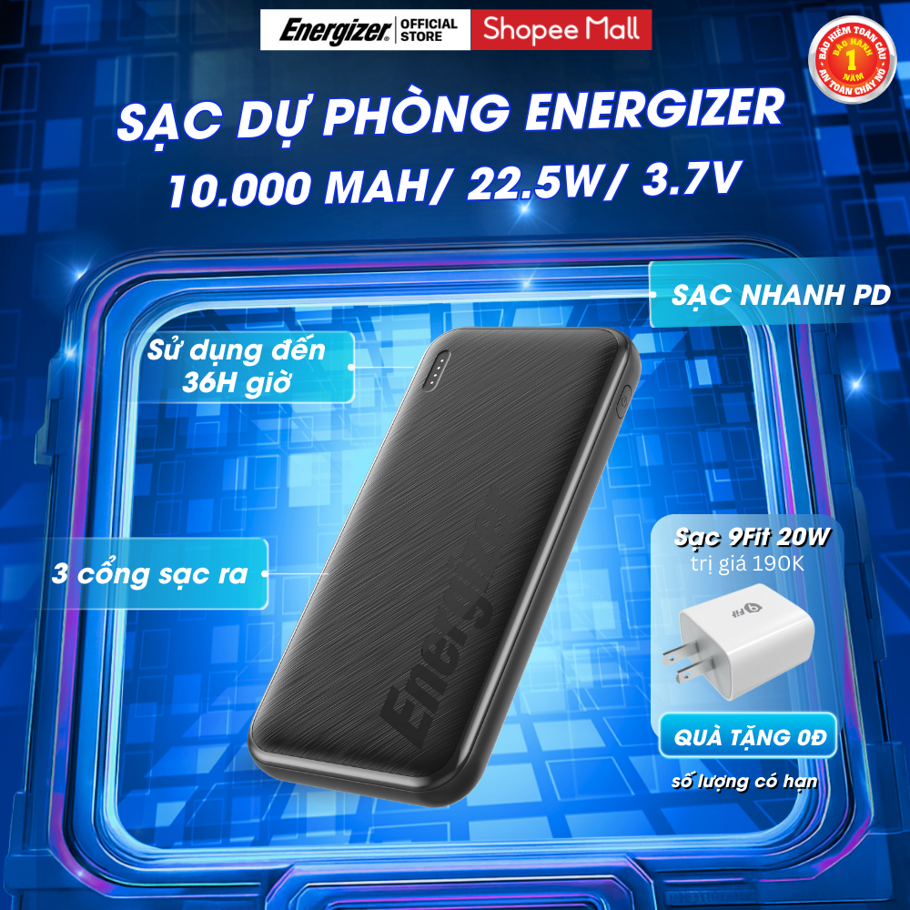 Pin Sạc Dự Phòng Energizer 10000mAh Sạc Nhanh PD 22.5W, 3 Cổng Ra - Hàng Chính Hãng Bảo Hành 1 Năm