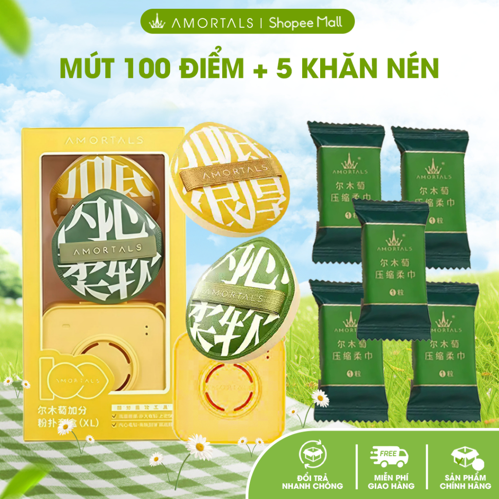 《Amortals Combo》Bông mút tán nền Amortals Chính Hãng 100 điểm Tán Kem Nền, Cushion Và 5 Khăn Nén