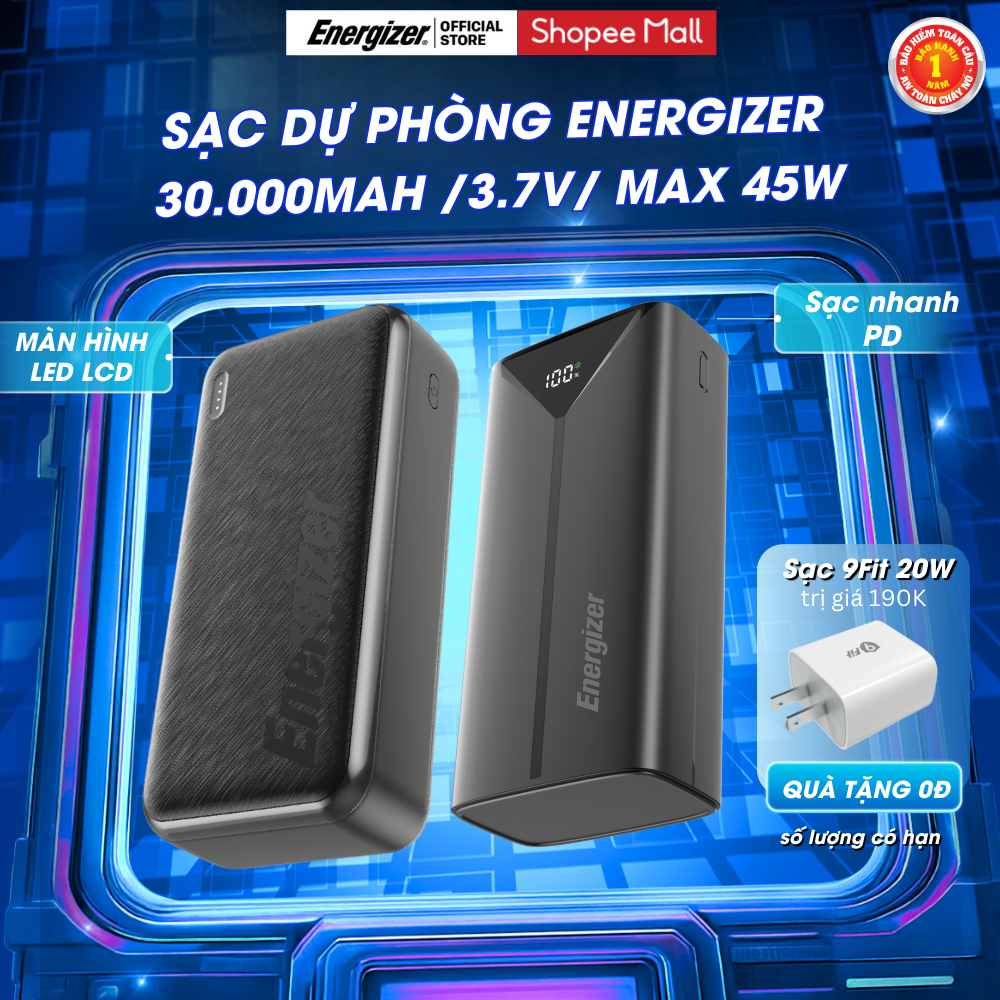 Sạc Dự Phòng Energizer 30000mAh/ Max 45W Sạc Nhanh PD, Tích Hợp Dây Cáp, 7 Cổng Sạc, Bảo Hành 1 Năm
