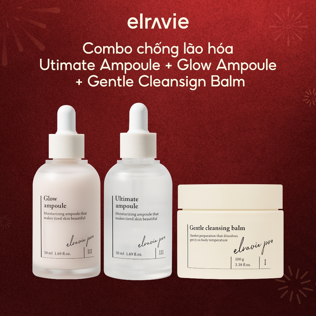 Combo Chống Lão Hóa:  Elravie Pro Gentle Cleansing Balm 100g & Glow Ampoule 50ml & Pro Ultimate Ampo