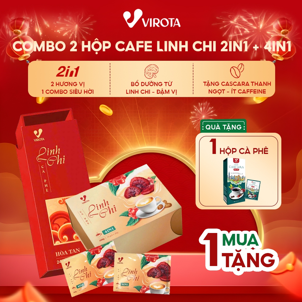 [Combo Tết Khỏe] Cà Phê Linh Chi 2in1 + Cà Phê 4in1 Virota, Tặng 1 hộp Cascara ít Caffeine