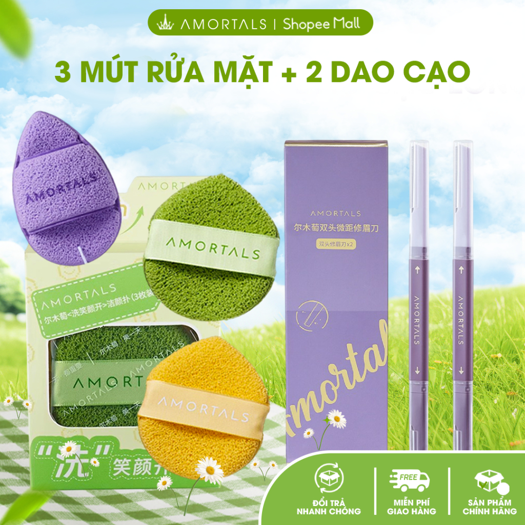 Combo Bông mút rửa mặt Amortals và 2 dao cạo 2 đầu cao cấp Amortals