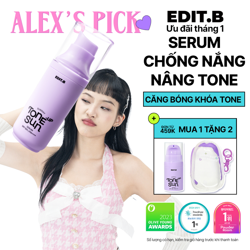  Serum Chống Nắng Nâng Tone Triệt Sắc Edit.B Sunday Tone-Up Sun Serum SPF50+ PA++++55ml 