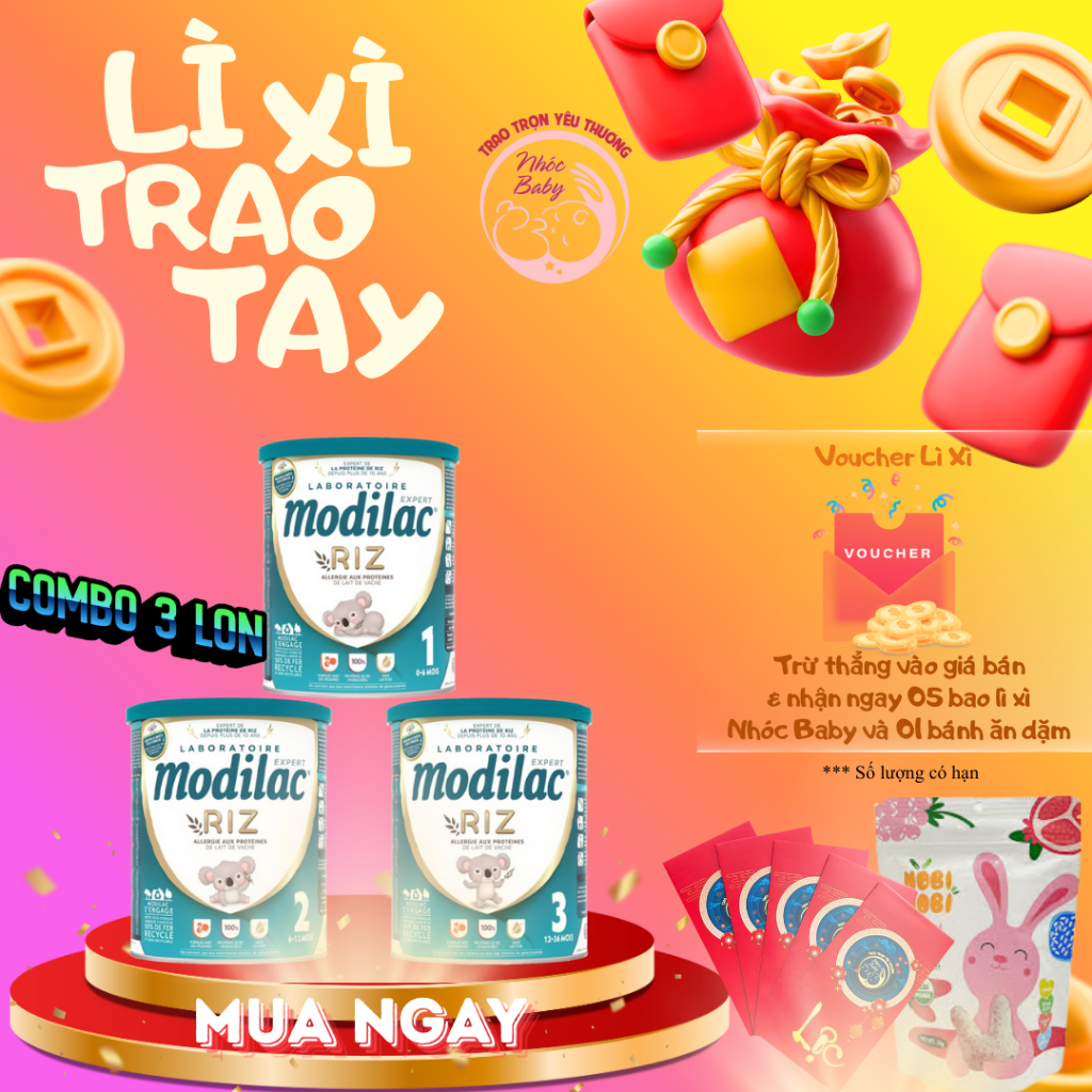 [Combo 3 Lon] Sữa Modilac Riz số 1, 2, 3 Lon 800g dành cho trẻ dị ứng đạm bò và bất nạp Lactose nhập