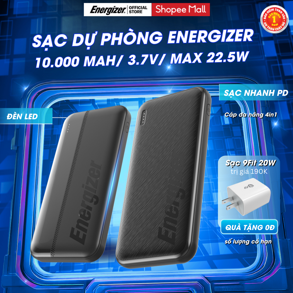 Sạc dự phòng Energizer 10000mAh/ 3.7V Max 15W, Sạc nhanh PD, 3 output, Bảo Hành Chính Hãng 1 năm