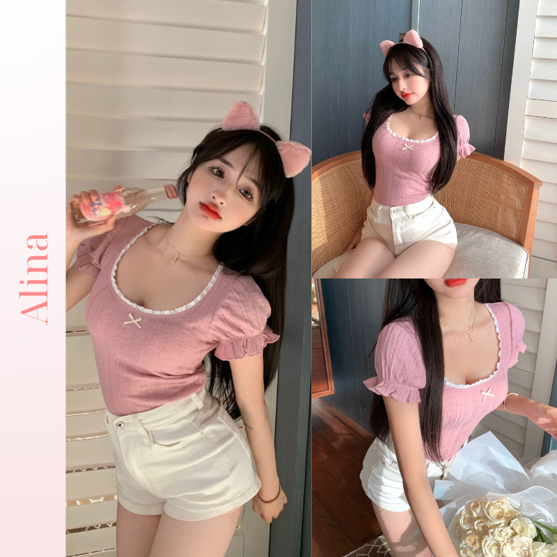 Áo cộc tay nữ màu hồng tay bồng cổ vuông phối ren trắng tiểu thư Áo phông nữ mùa hè dáng dài phong c