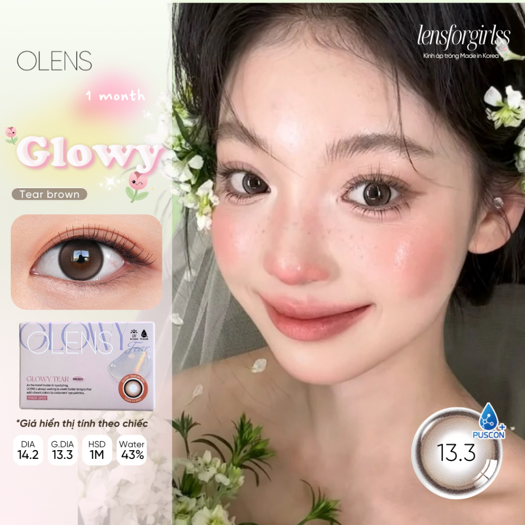 (OLENS) LENS 1 THÁNG | Kính áp tròng GIÃN TRÒNG GLOWY TEAR BROWN chính hãng KOREA | LENSFORGIRLSS