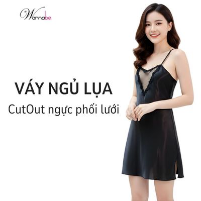 Đầm ngủ lụa WANNABE váy ngủ 2 dây thiết kế trái tim lưới trong suốt viền ren nữ tính quyến rũ DNS30