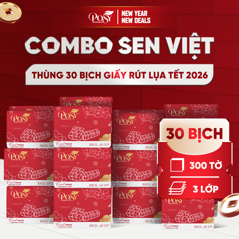  Giấy ăn rút cao cấp POSY LOTUS Thùng 30 gói 300 tờ 3 lớp mềm mịn tiện dụng 