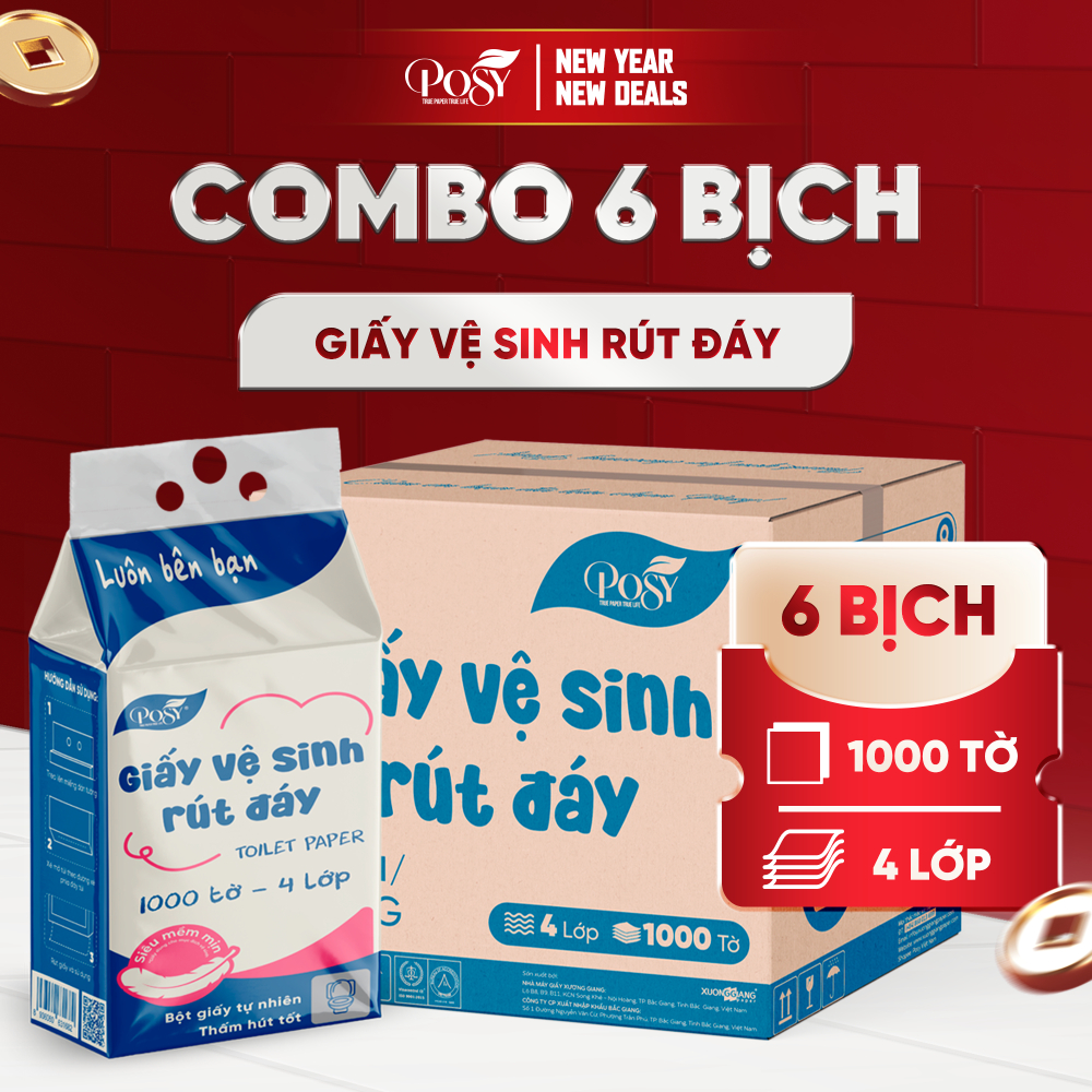 [MỞ BÁN] Thùng 6 bịch giấy vệ sinh rút đáy Posy 1000 tờ 4 lớp mềm dai , thấm hút và an toàn cho da.