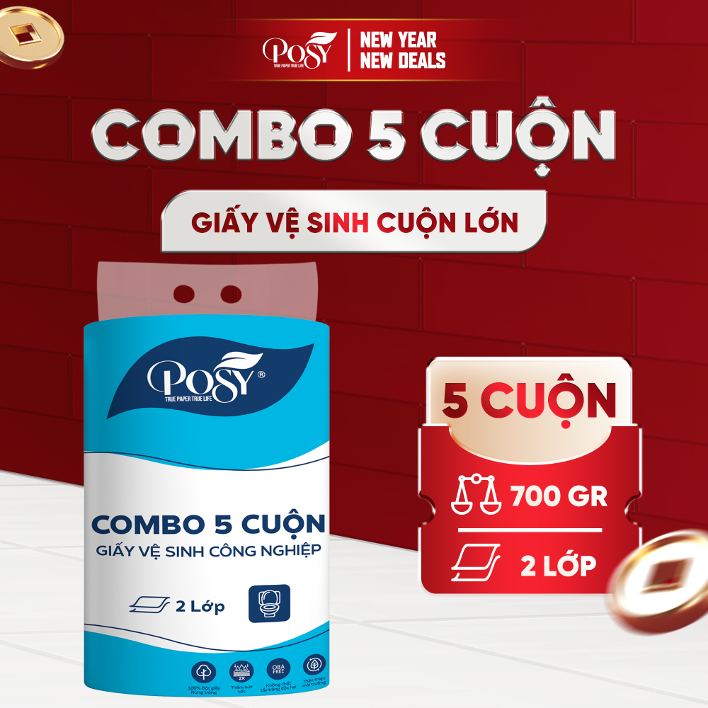 COMBO 5 CUỘN GVS cuộn lớn Posy 700gr 2 lớp, mềm dai, tiết kiệm, lựa chọn số 1 cho công ty, văn phòng