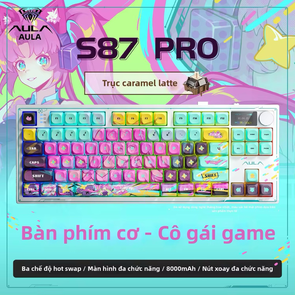 BÀN PHÍM CƠ Aula S87 PRO – BẢN ANIME 🔥  Layout TKL 87 phím | 3 chế độ kết nối | Hotswap | RGB | Swit